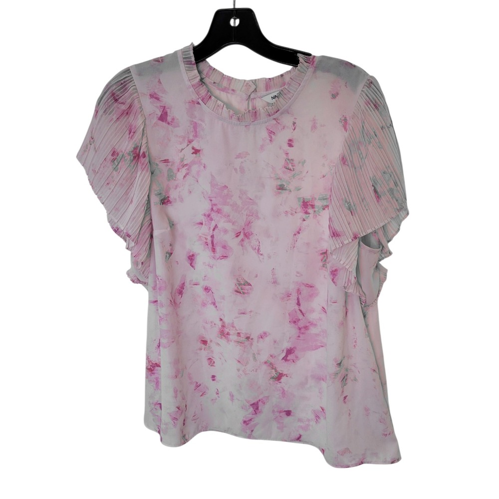 Nine‎ West Pink Watercolor Abstract Pleated Flutter Sleeve Blouse Large